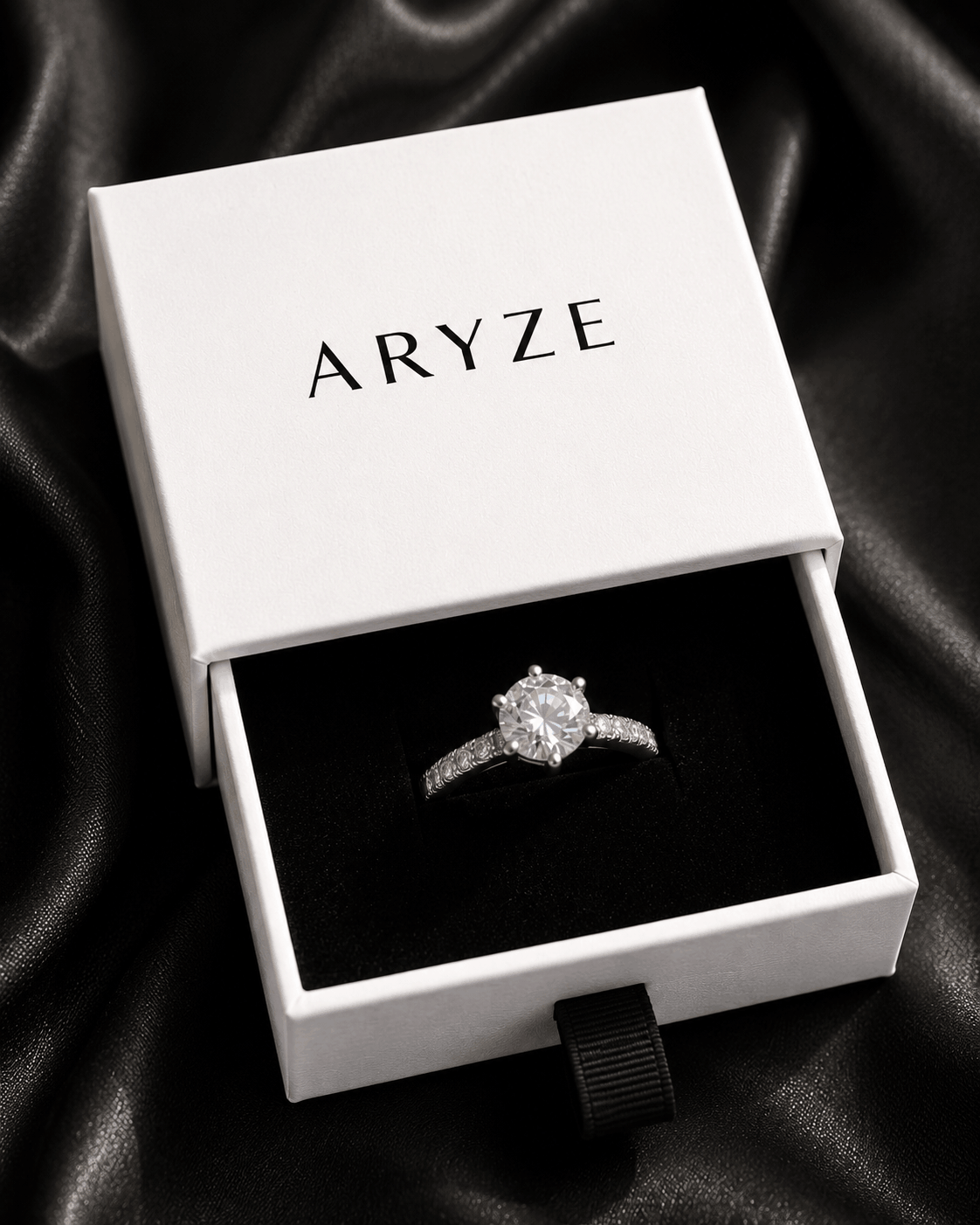 Eternal Glow silver-tone solitaire cubic zirconia ring presented in the branded Aryze gift box