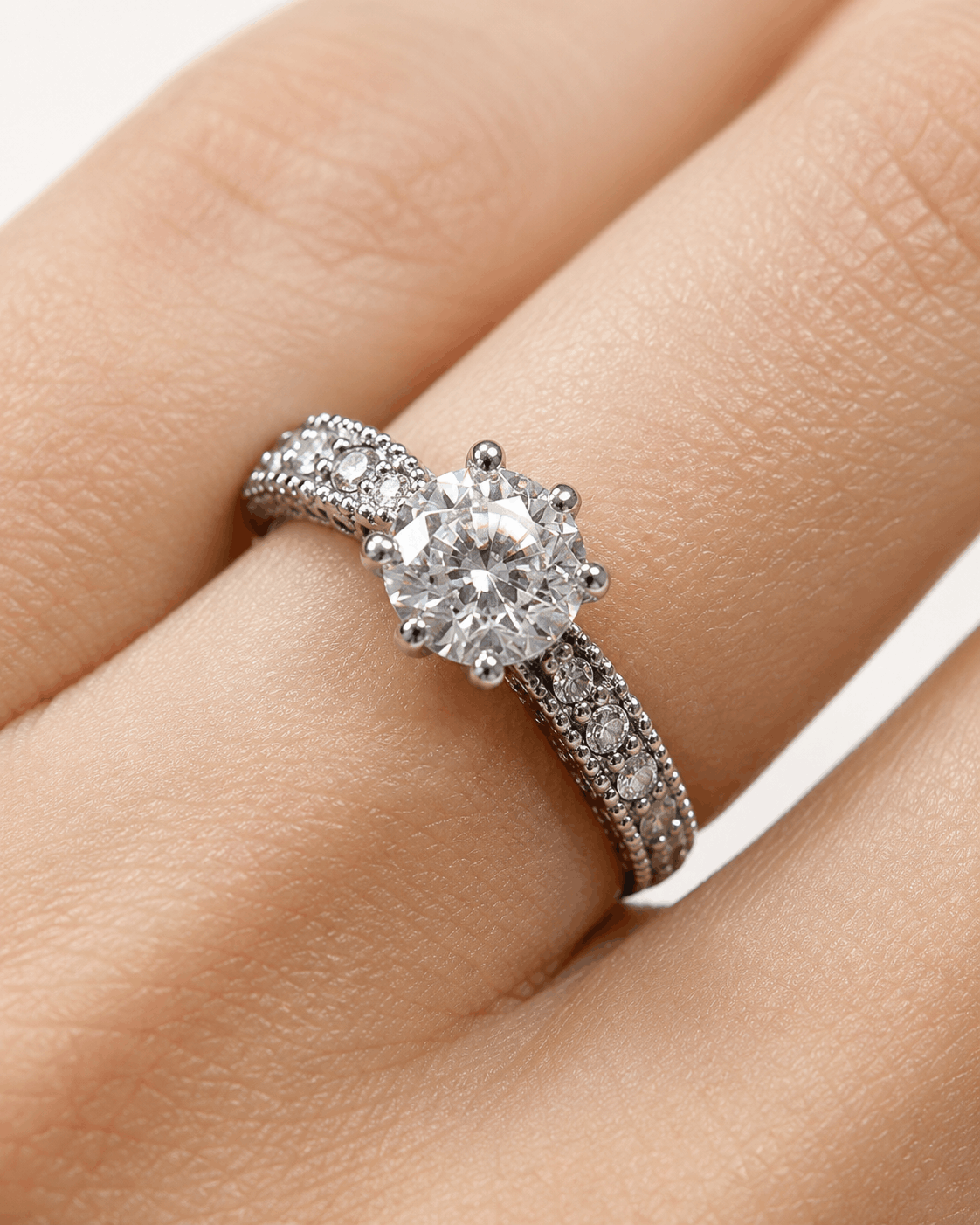 Eternal Glow silver-tone solitaire cubic zirconia ring worn by a model