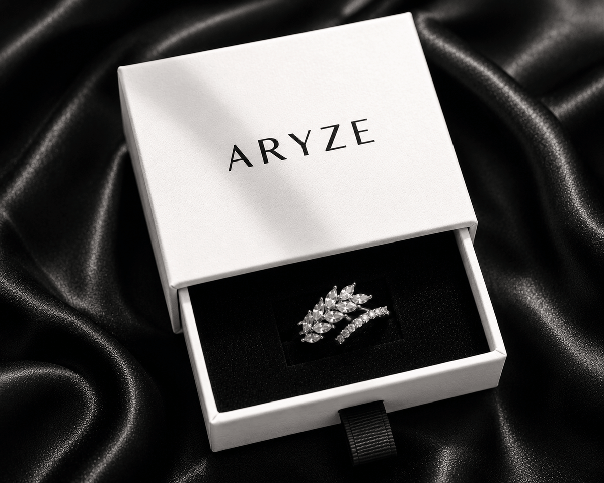 Crystal Leaf silver-tone marquise cubic zirconia ring presented in the branded Aryze gift box