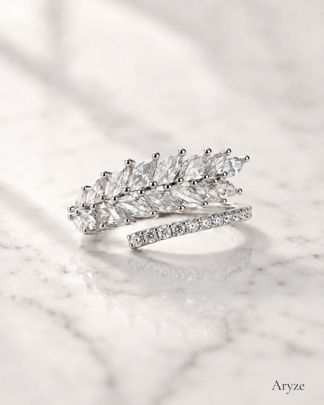 Crystal Leaf silver-tone marquise cubic zirconia ring photographed on marble