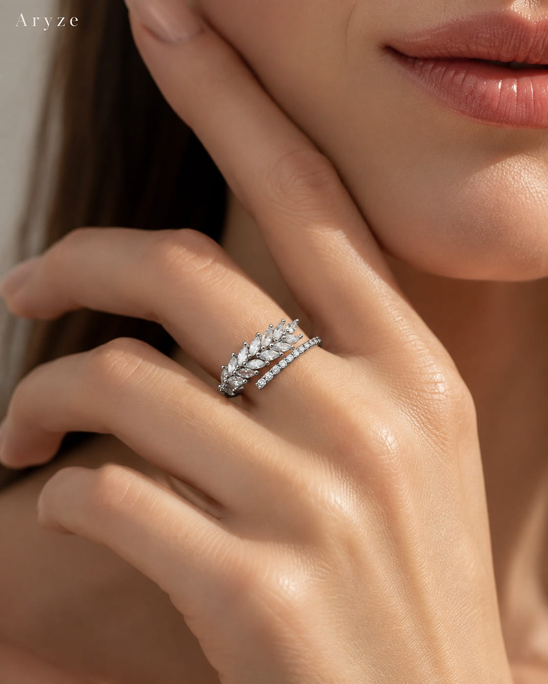 Crystal Leaf silver-tone marquise cubic zirconia ring worn by a model
