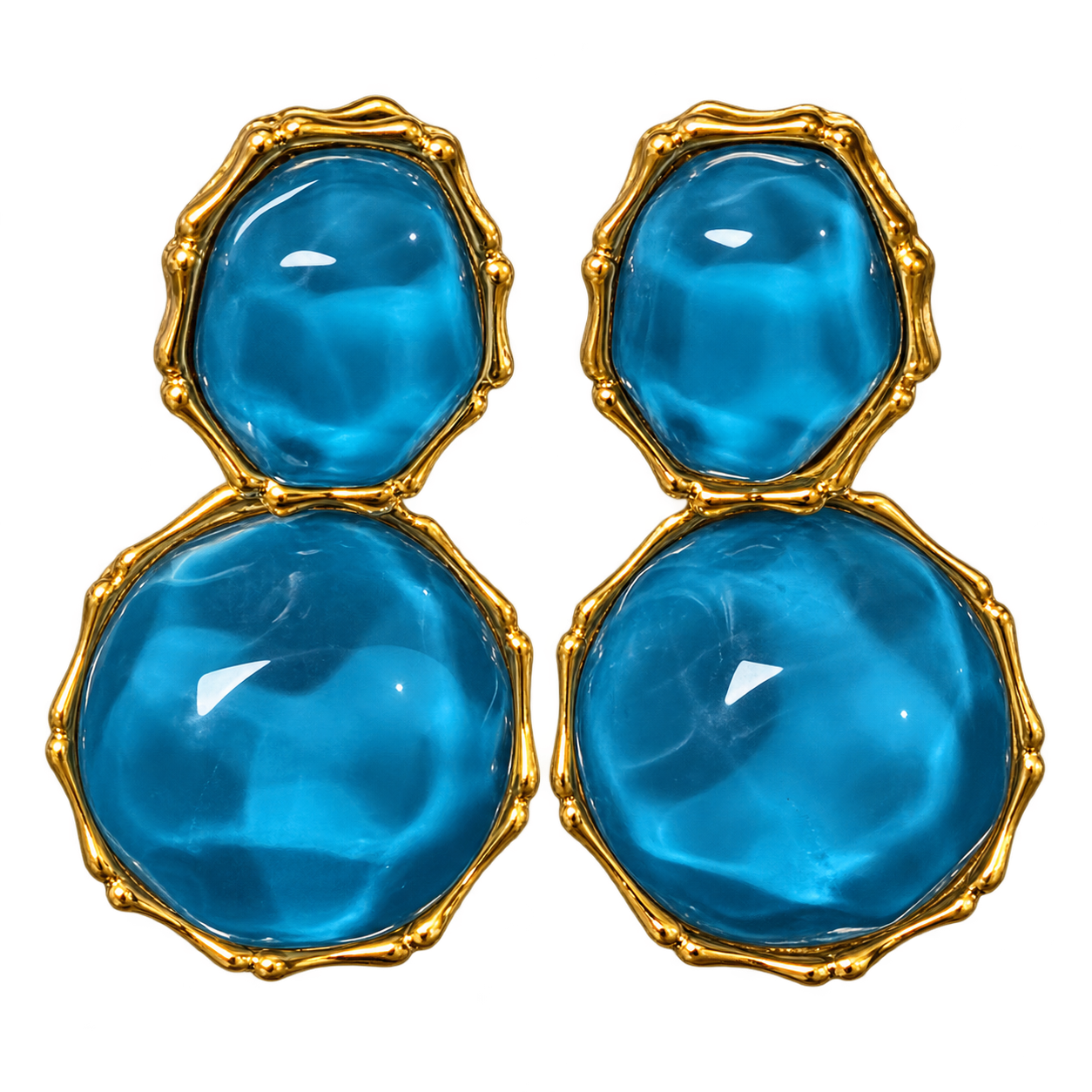 Azure Muse gold-tone earrings with blue resin stones on a black background