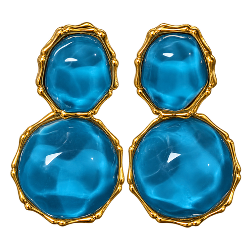Azure Muse gold-tone earrings with blue resin stones on a black background