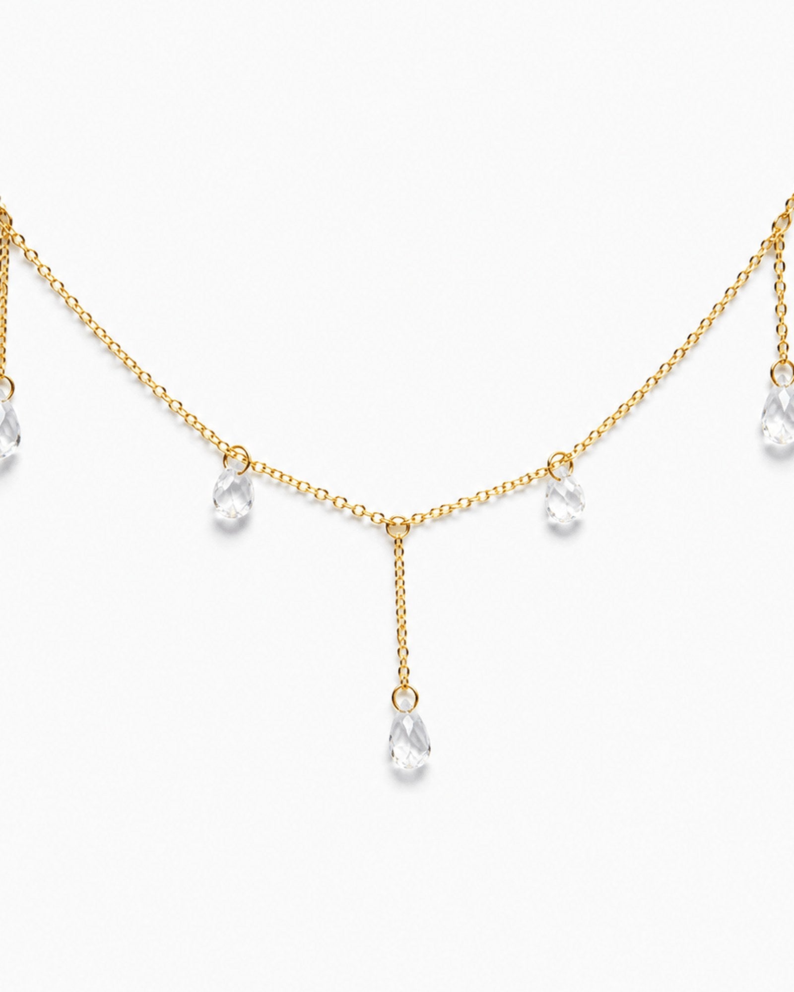 Celeste Glow gold-tone crystal drop necklace on a white background