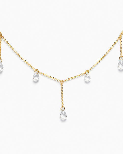 Celeste Glow gold-tone crystal drop necklace on a white background
