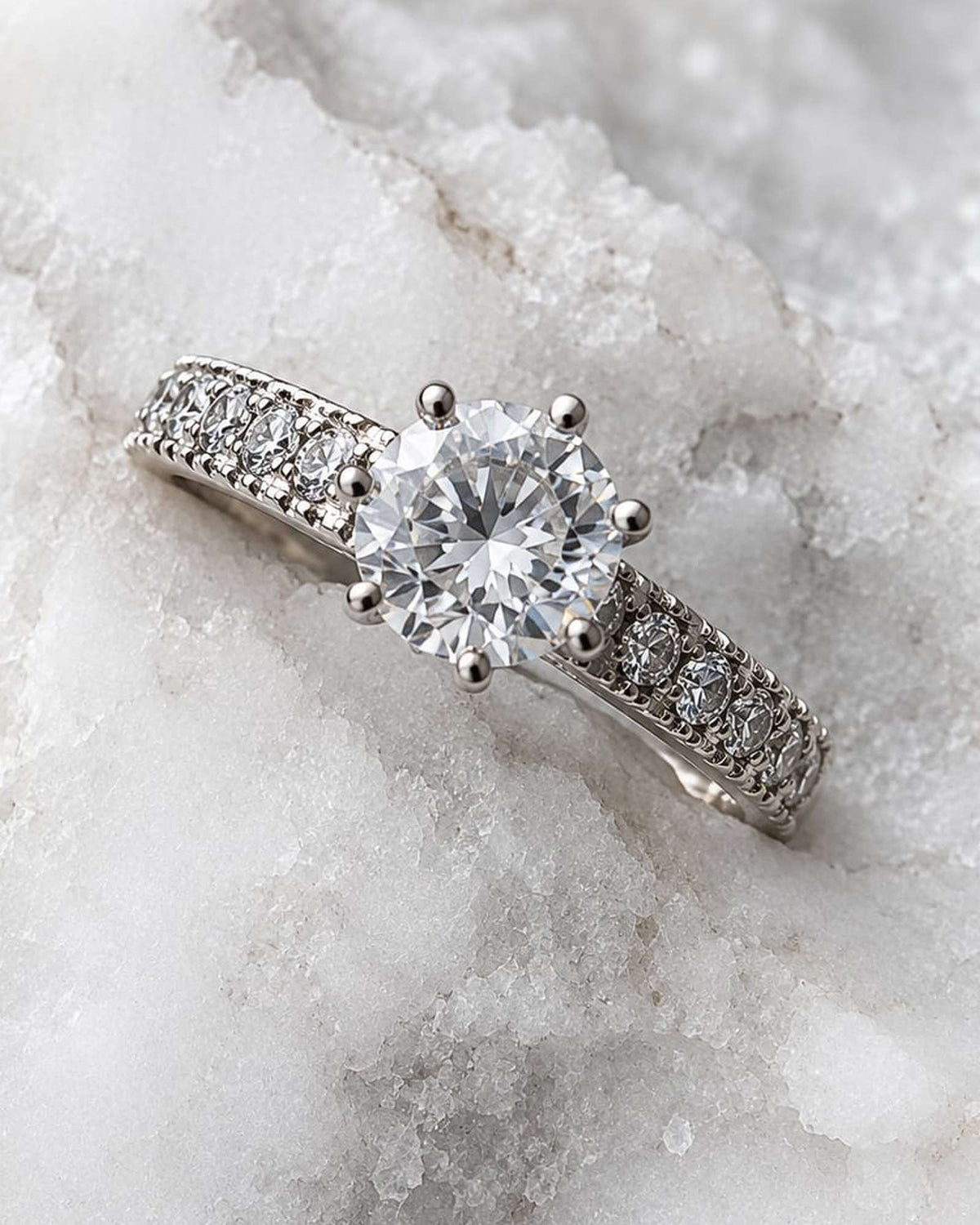 Eternal Glow silver-tone solitaire cubic zirconia ring photographed on marble