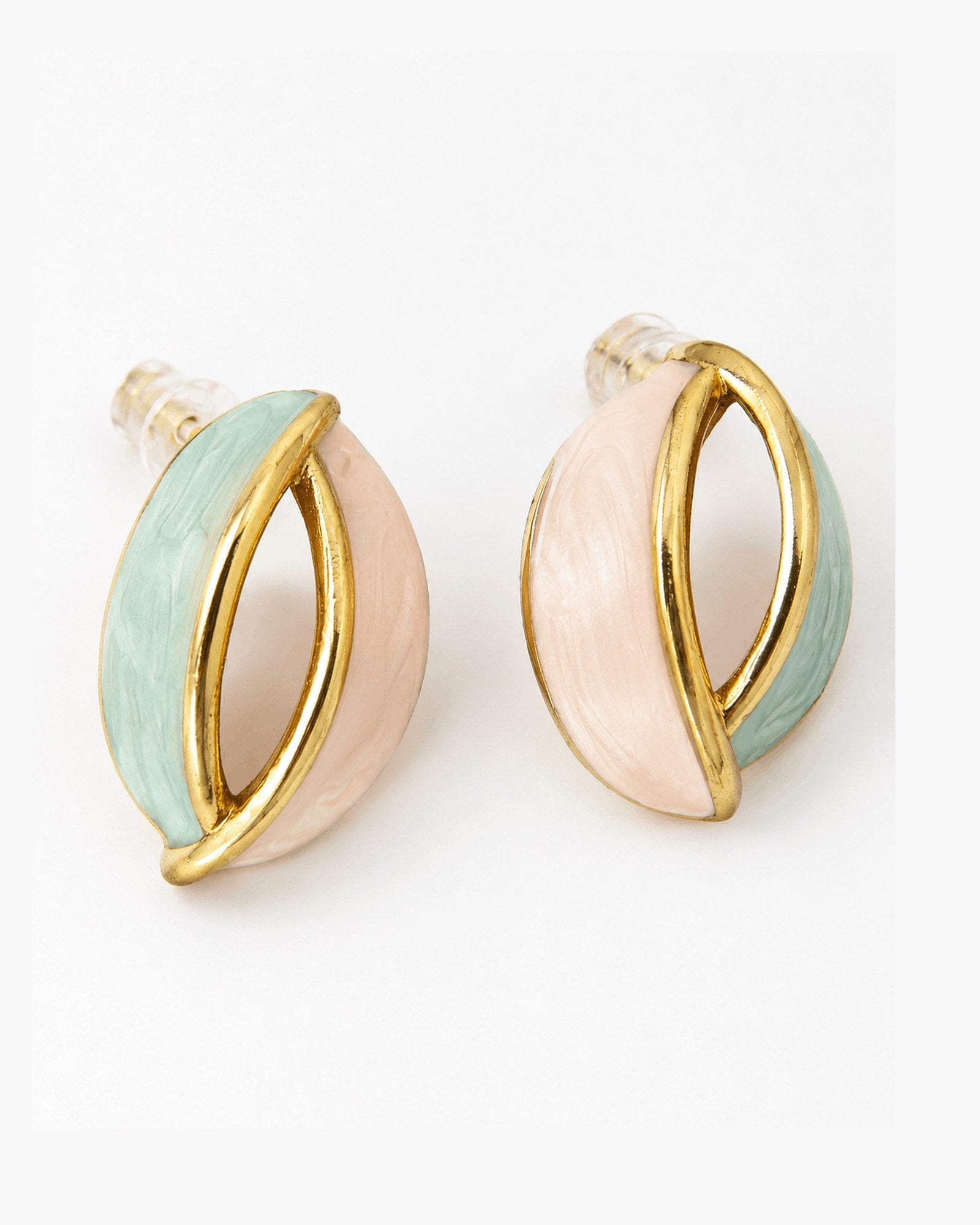 Pastel Orbit gold-tone hoop earrings with pink and mint enamel on a white background