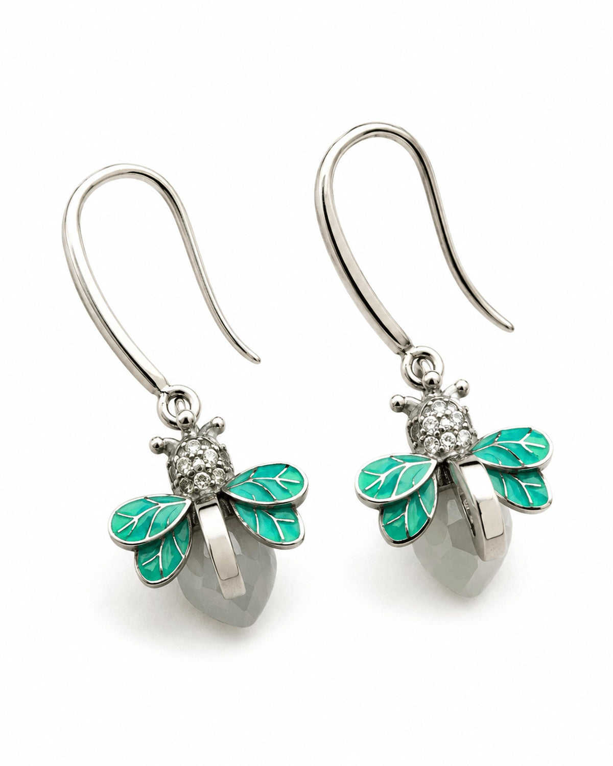 Turquoise Flutter silver-tone firefly drop earrings with turquoise enamel wings on a white background